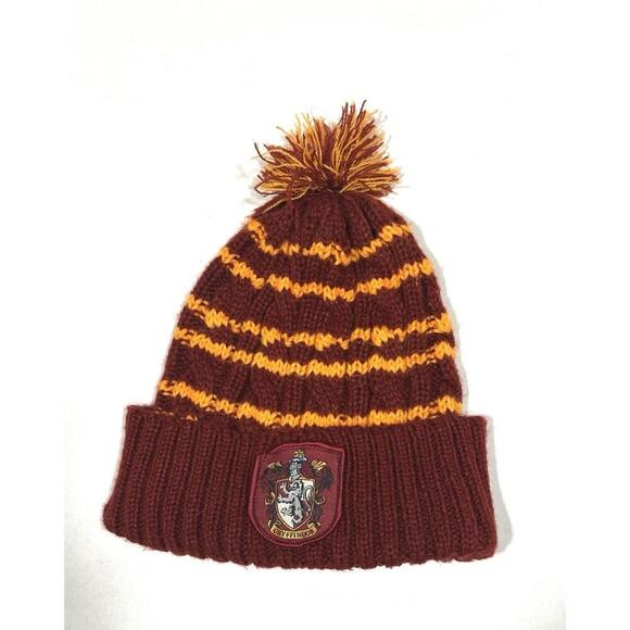 Harry Potter Gryffindor Crest Burgundy and Yellow Knitted Hat Beanie Pom-pom - Picture 1 of 6